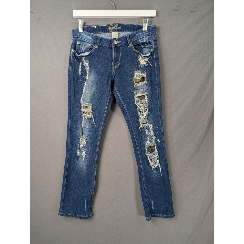 Red Rivet Distressed Camo Inset Skinny Jeans Dark Wash Blue Size 7 Juniors Y2K